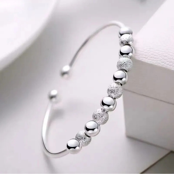Silver Beaded Bangle Bracelet Adjustable Loose Fit Elegant Dainty Bracelets - Picture 1 of 16